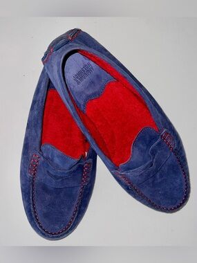 Johnston & Murphy Blue Suede Loafers with Red Terry Cloth Interior